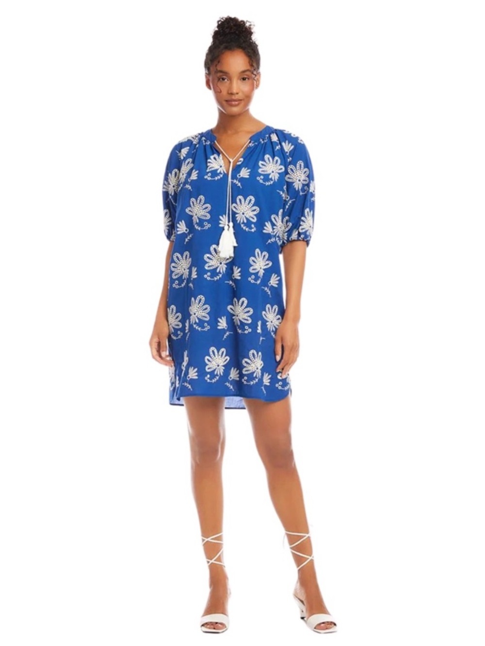 Karen Kane Floral Eyelet Embroidered 100% Cotton Shift Dress Blue White Size XS